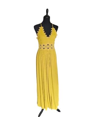 Lulus Mustard Yellow Lace Maxi Dress Boho Halter Crochet Waist Flowy Size M